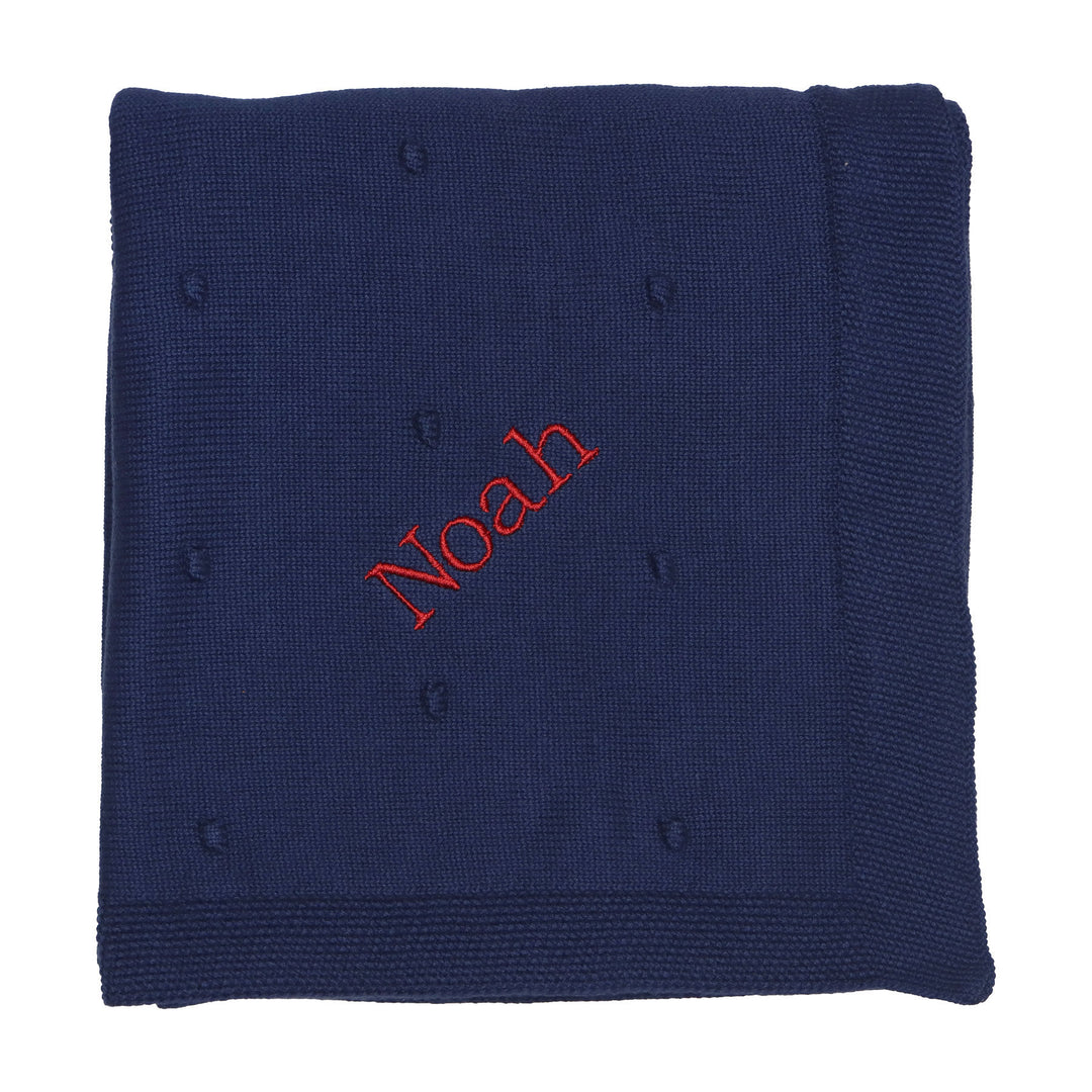 Organic Poppy Knit Blanket in Cambridge Blue with sample monogrammed