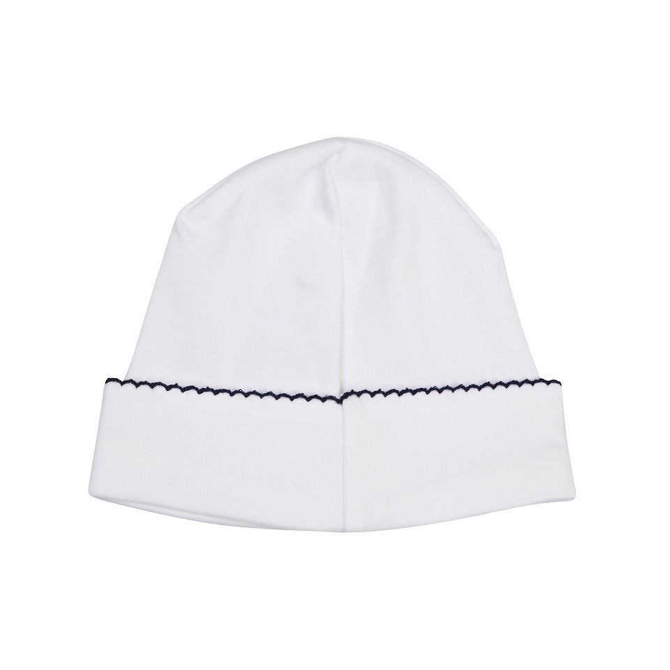Receiving Hat in White with Navy Picot Trim