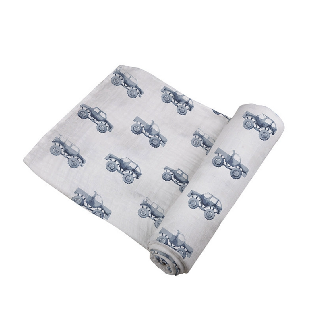 Indigo Monster Trucks Cotton Swaddle car design