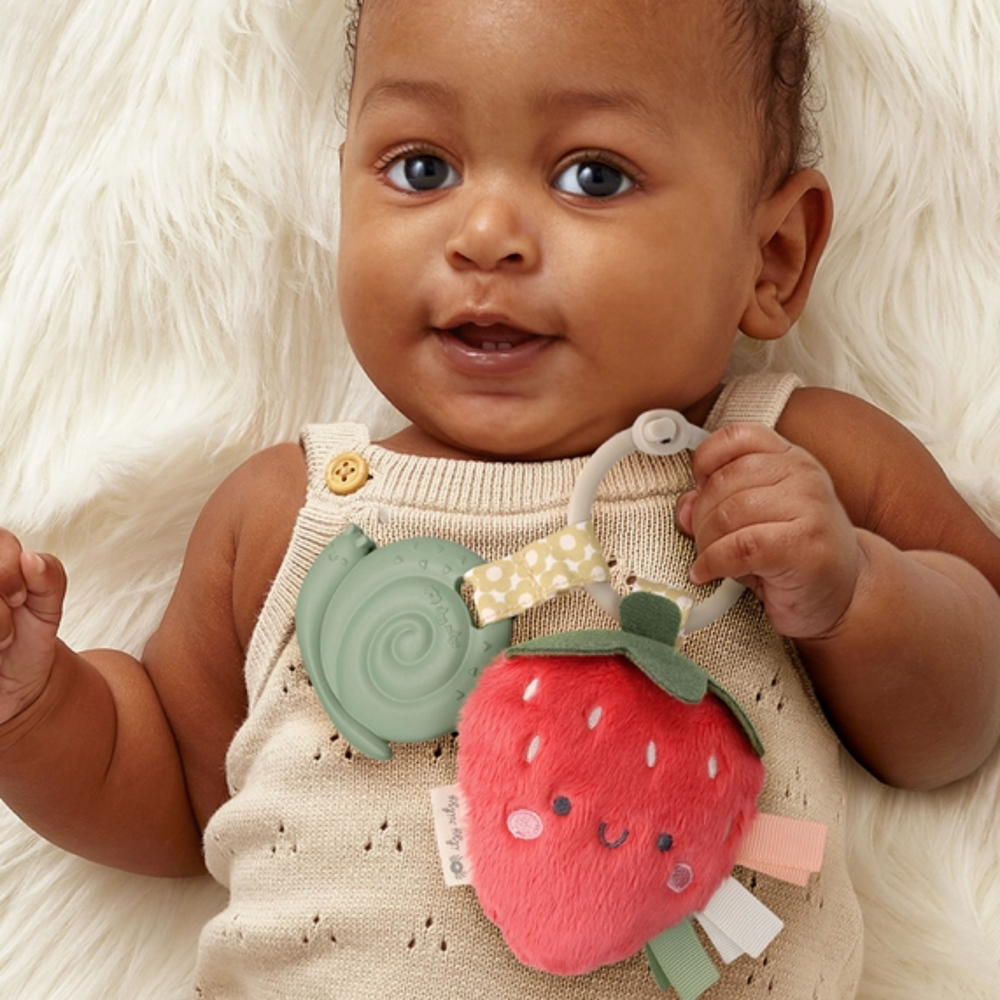 a baby holding a Strawberry Pal Plush and Teether