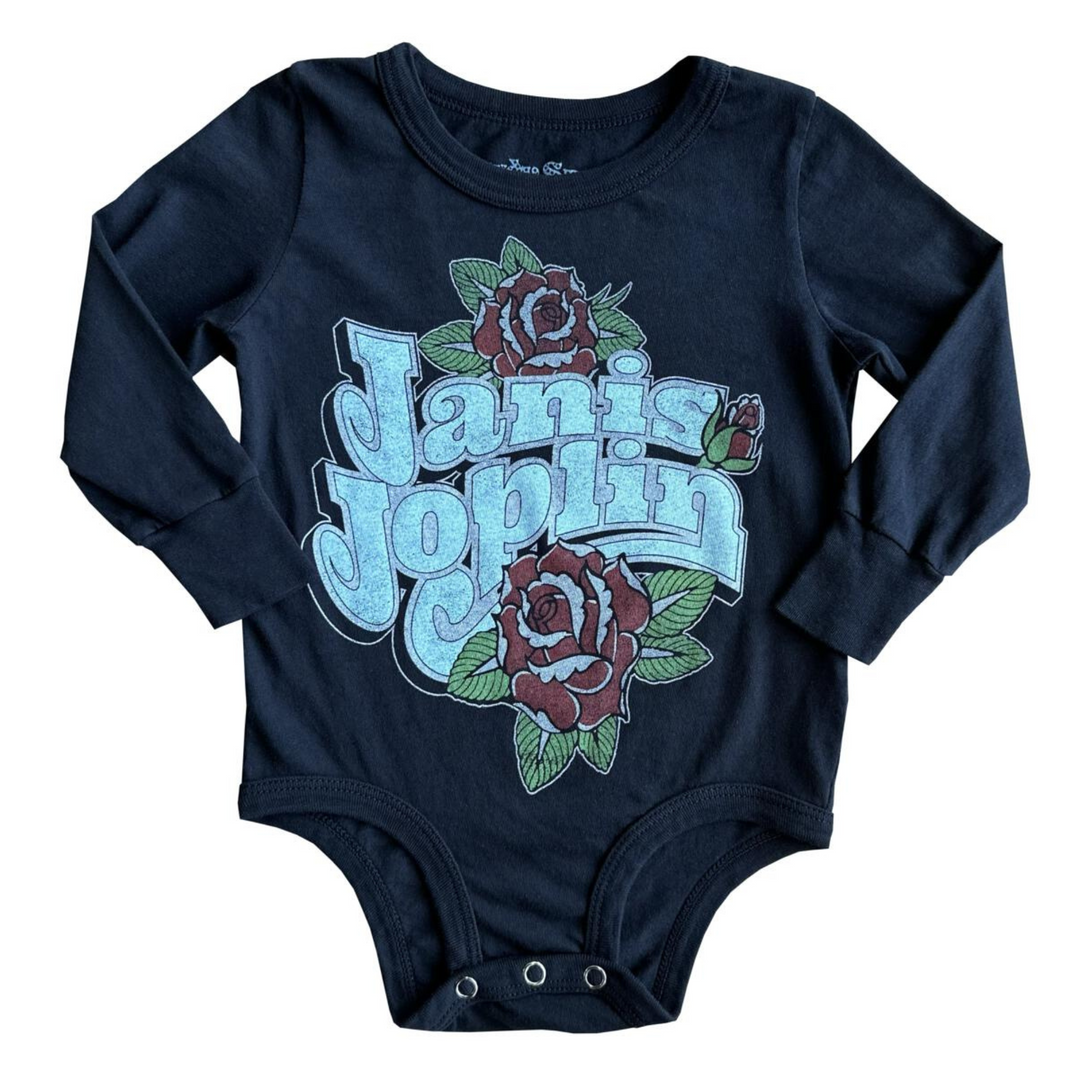 Janis Joplin Rose Long Sleeve Onesie in Jet Black front