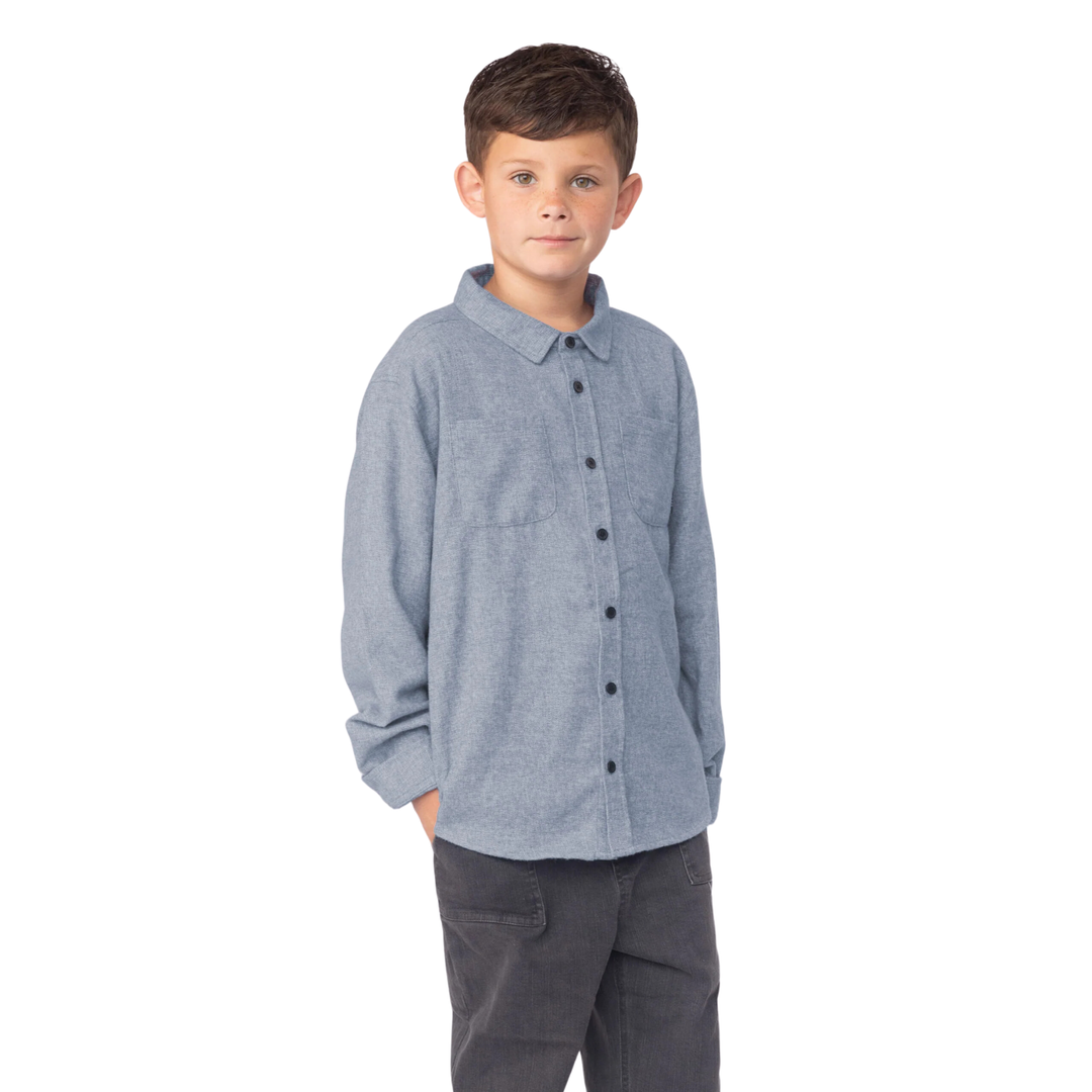 a boy wearing Journey Flannel in Slate Blue