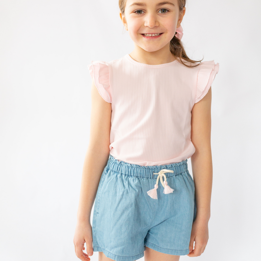 a little girl Kelly Short in Light Wash Chambray