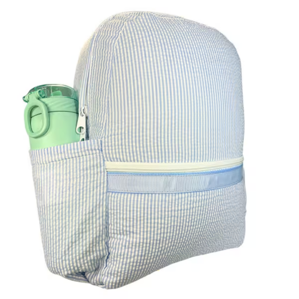 Medium Seersucker Backpack with Pocket in Baby Blue side