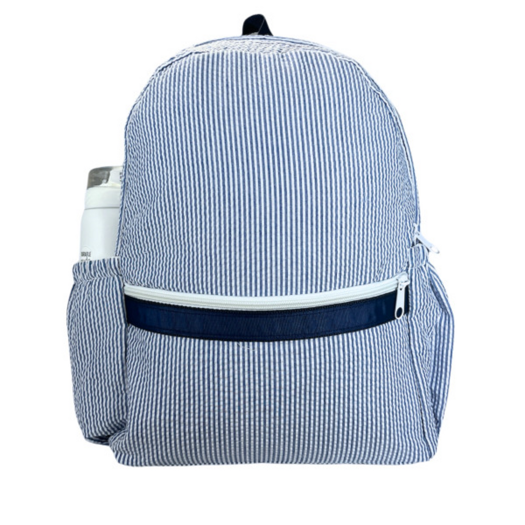 Medium Seersucker Backpack with Pocket in Navy front