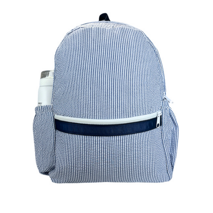 Medium Seersucker Backpack with Pocket in Navy front