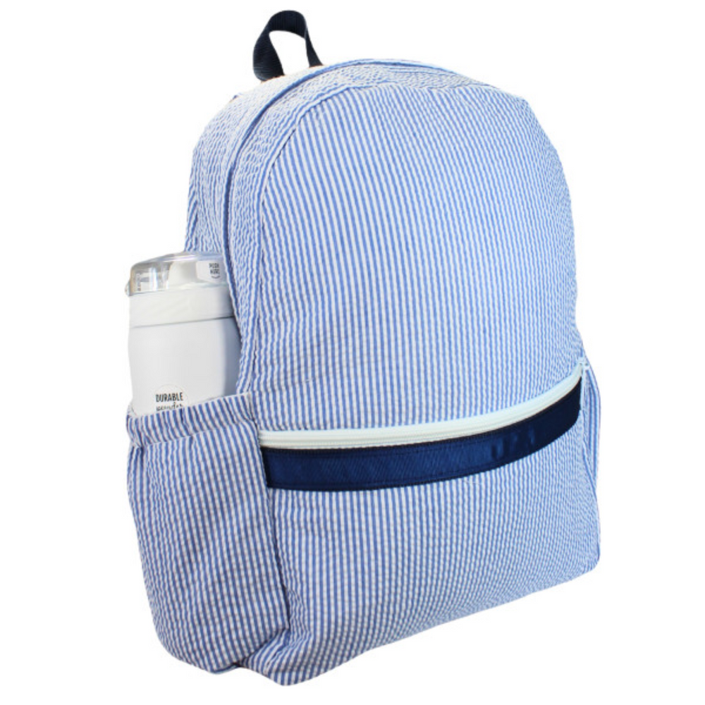 Medium Seersucker Backpack with Pocket in Navy side
