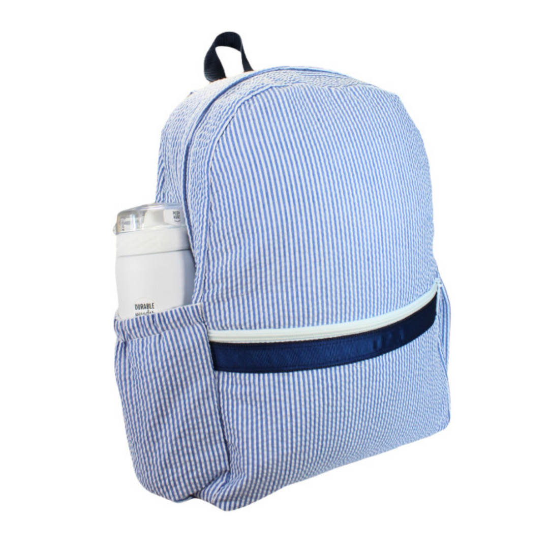 Medium Seersucker Backpack with Pocket in Navy side