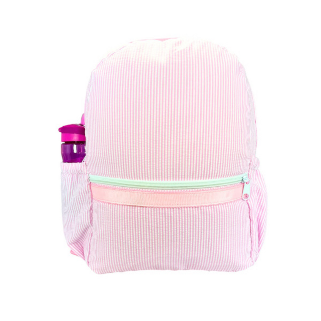 Medium Seersucker Backpack with Pocket in Pink front