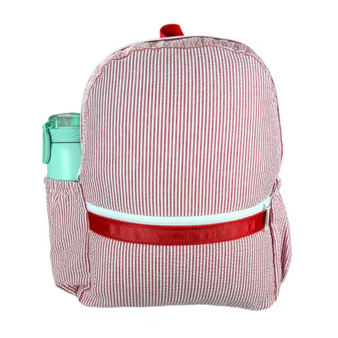 Medium Seersucker Backpack with Pocket in Red front