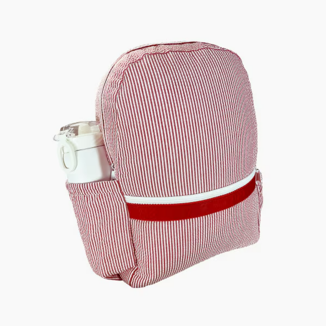 Medium Seersucker Backpack with Pocket in Red side