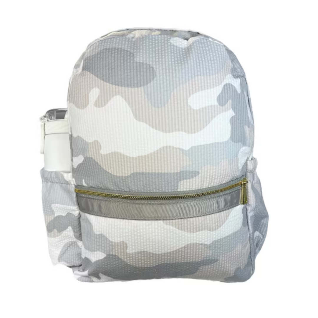 Medium Seersucker Backpack with Pocket in Snow Camo front