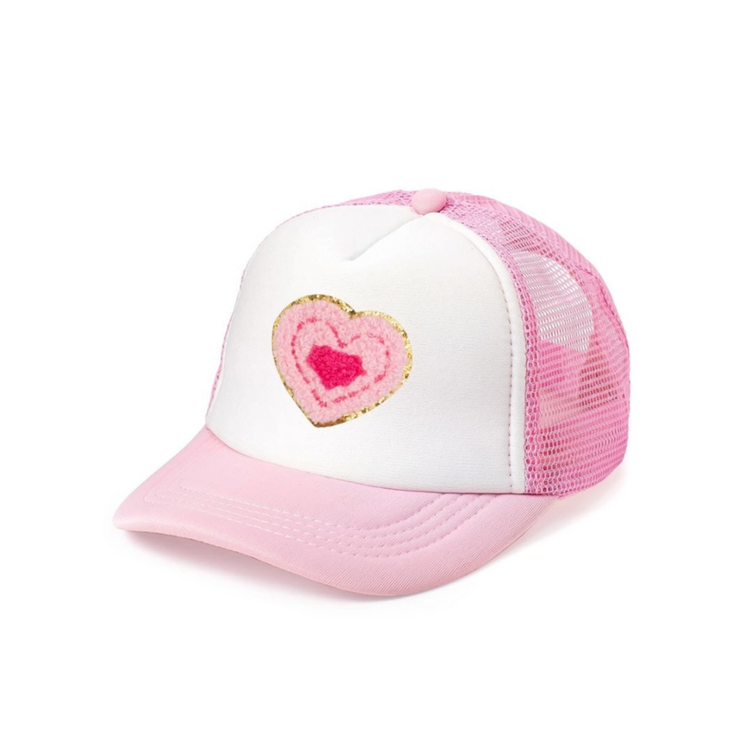 Multi Heart Patch Trucker Hat in Pink front