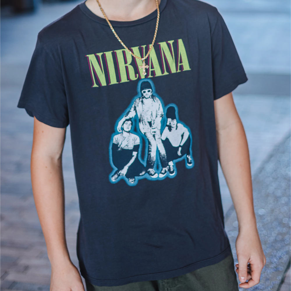 a boy wearing Nirvana Short Sleeve Tee in Vintage Black