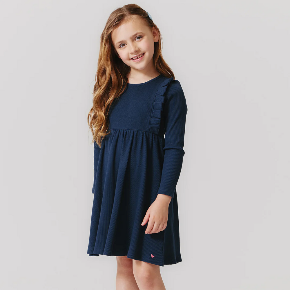 a little girl wearing Organic Kylie Rib Dress - Navy