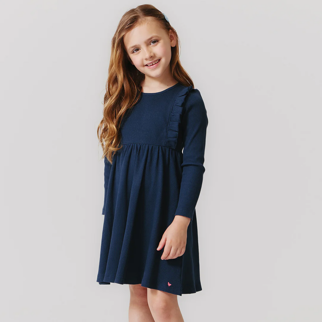 a little girl wearing Organic Kylie Rib Dress - Navy