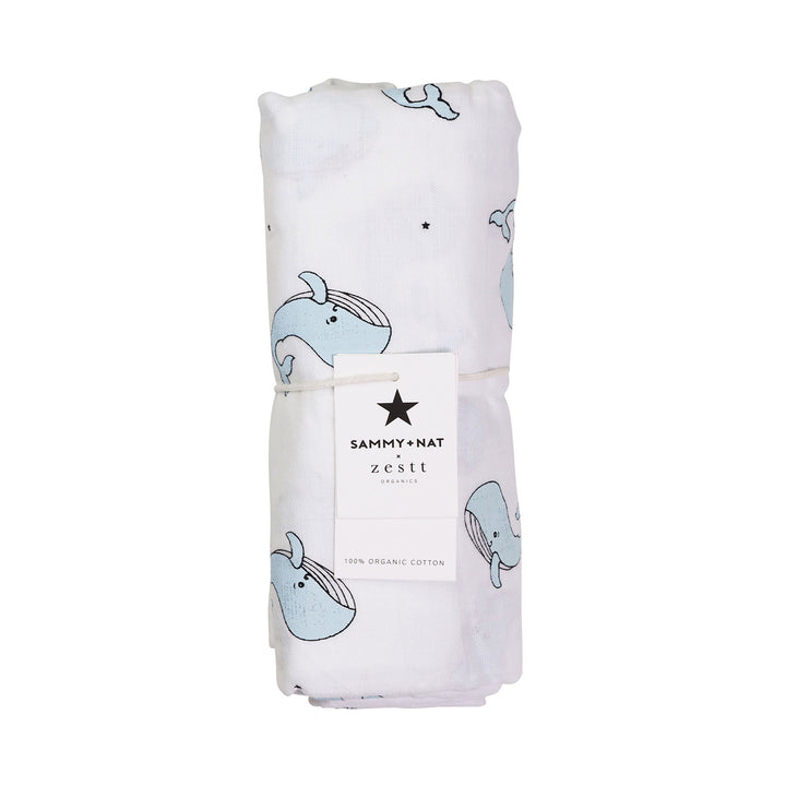 Organic Whale Muslin Swaddle in Blue