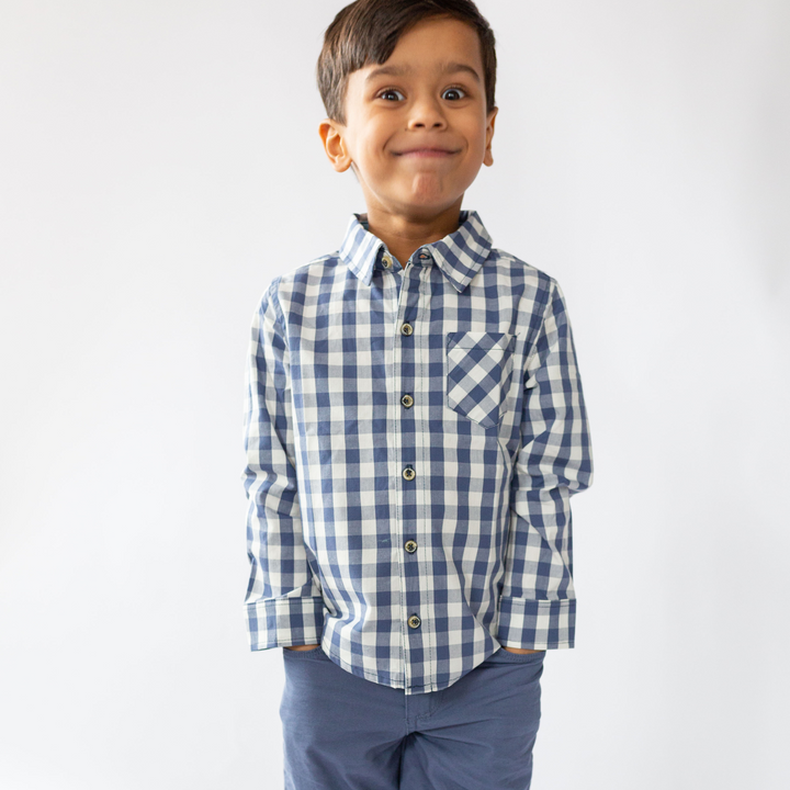 a little boy wearing Perry Poplin Buttondown in Washed Indigo Gingham