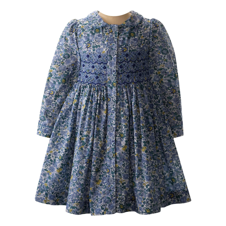 Petal Blossom Smocked Button-Front Dress in Blue front