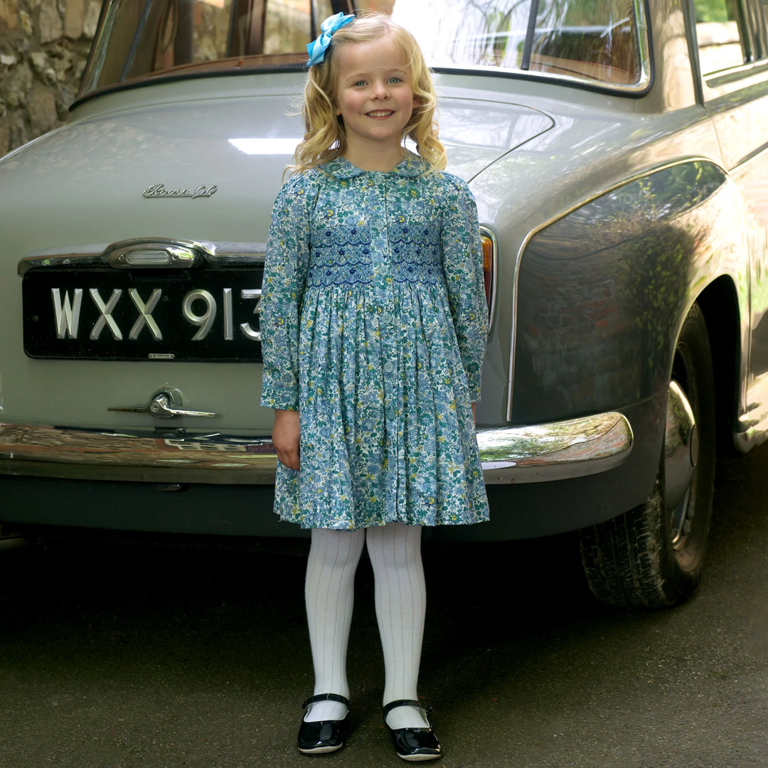 a little girl wearing Petal Blossom Smocked Button-Front Dress in Blue