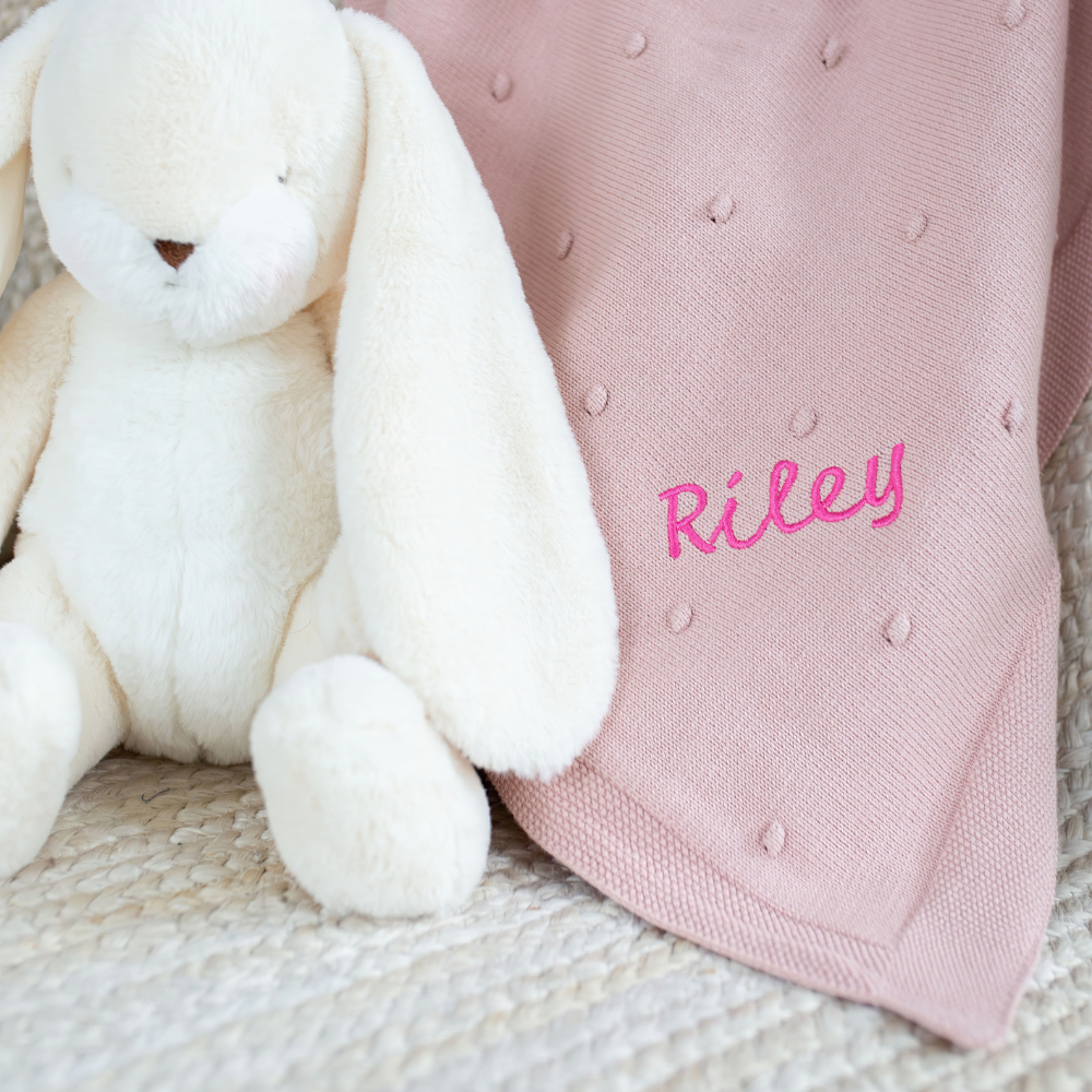 monogramed Organic Poppy Knit Blanket in Pink Pearl