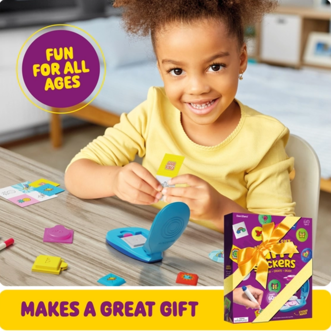 a girl playing Puffy Sticker Maker Kit