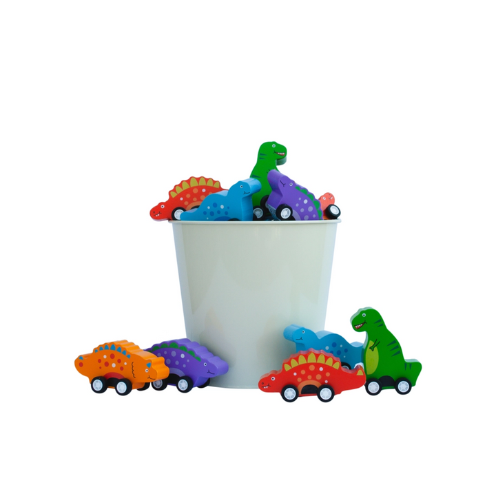 Dino Wood Racer in Green in a bucket