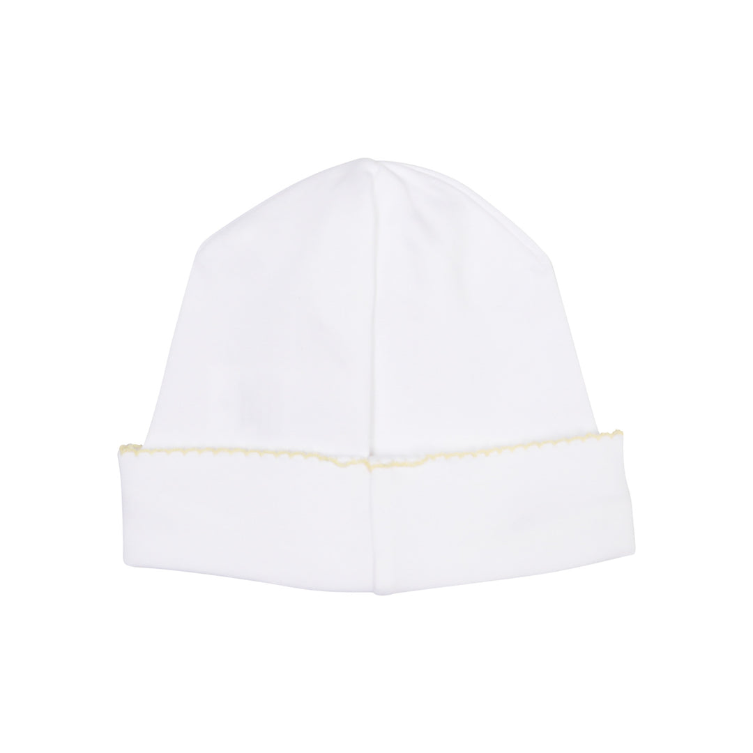 Receiving Hat in White with Yellow Picot Trim