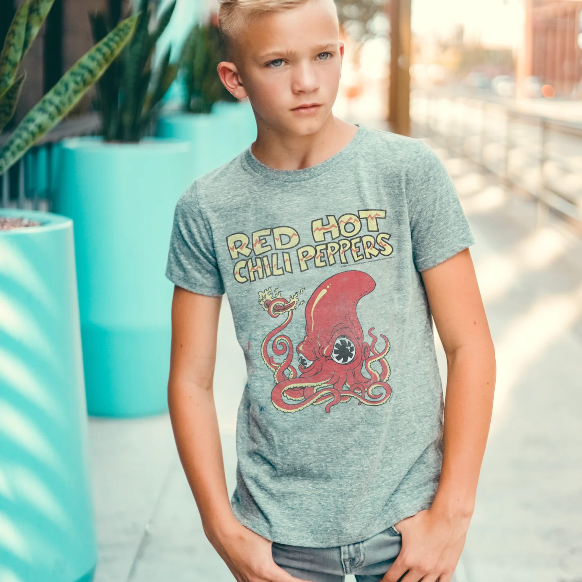 a boy wearing Red Hot Chili Peppers Short Sleeve Tee in Tri Grey