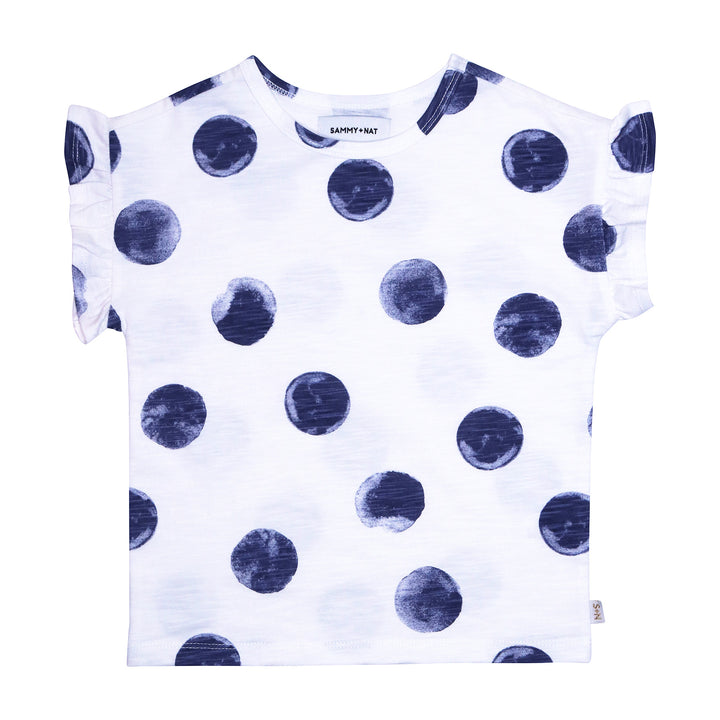 Rhea Ruffle Tee in Washed Indigo Dot big girl product shot