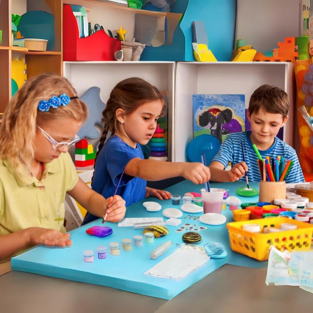 Rock Painting Kit 2 girls and a boy painting rocks