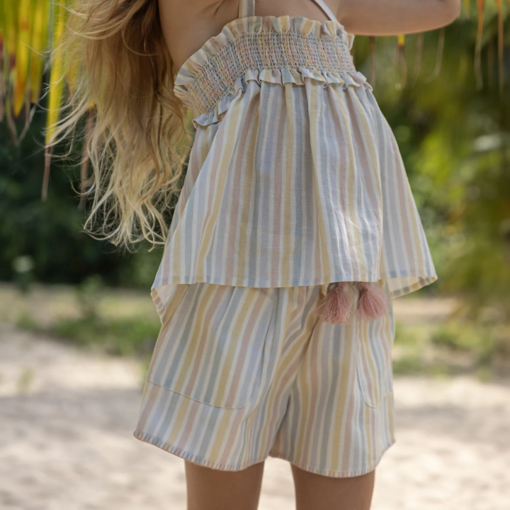 a girl wearing Roman Shorts in Summer Stripes