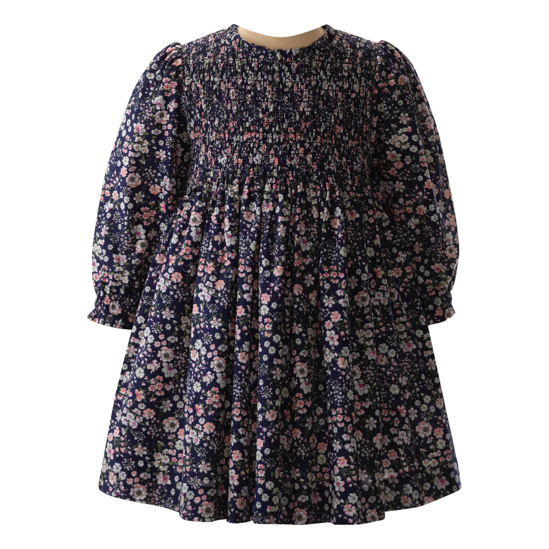 Rose Ruched Frill Dress in Navy front