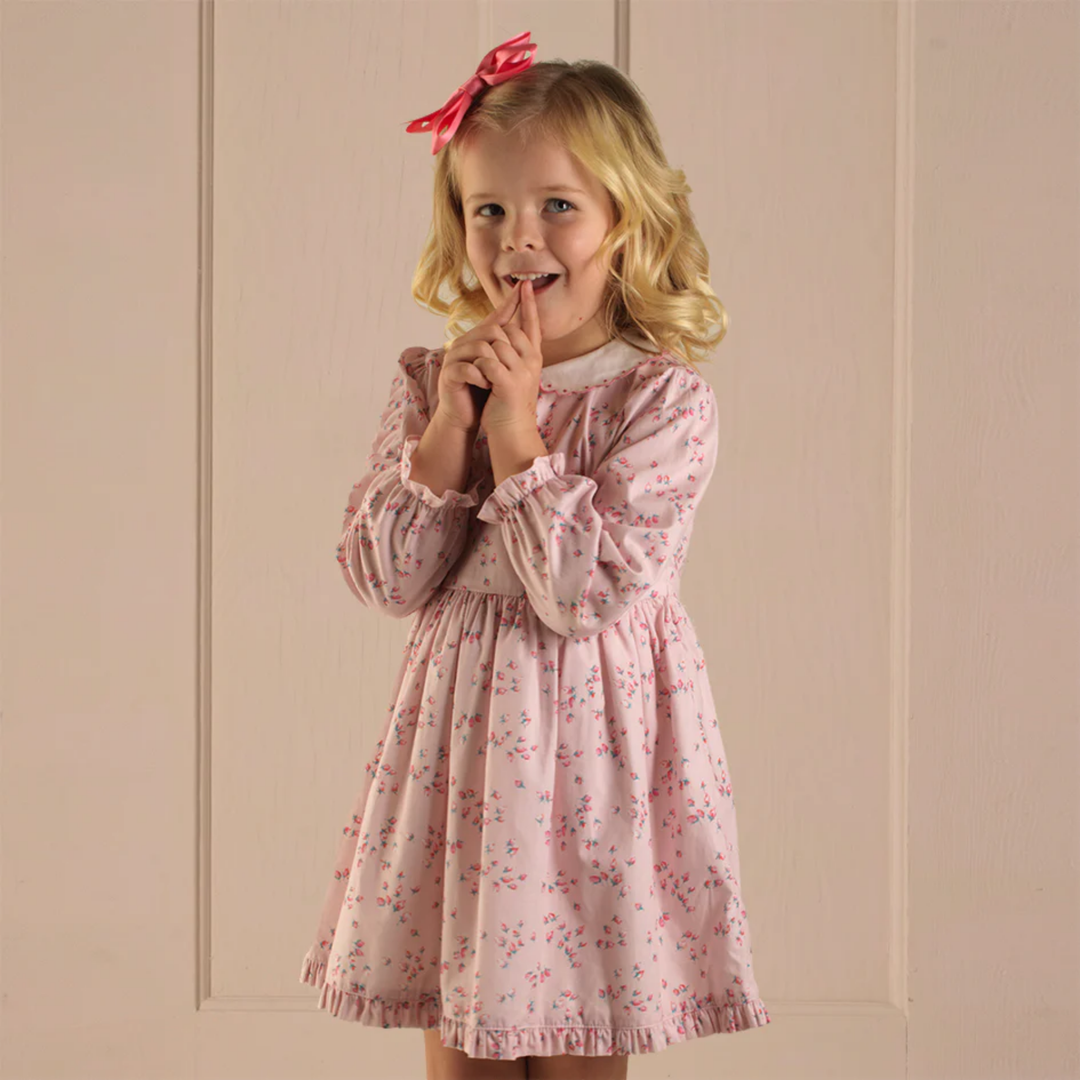 a girl wearing Rosebud Scalloped Collar Dress in Pink