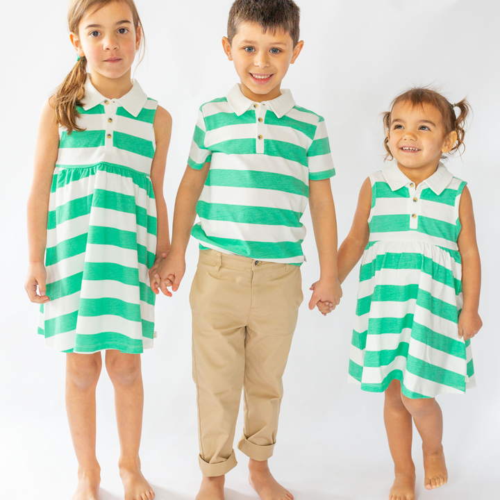 3 children wearing Brooke Dress in Marine Green Rugby Stripe