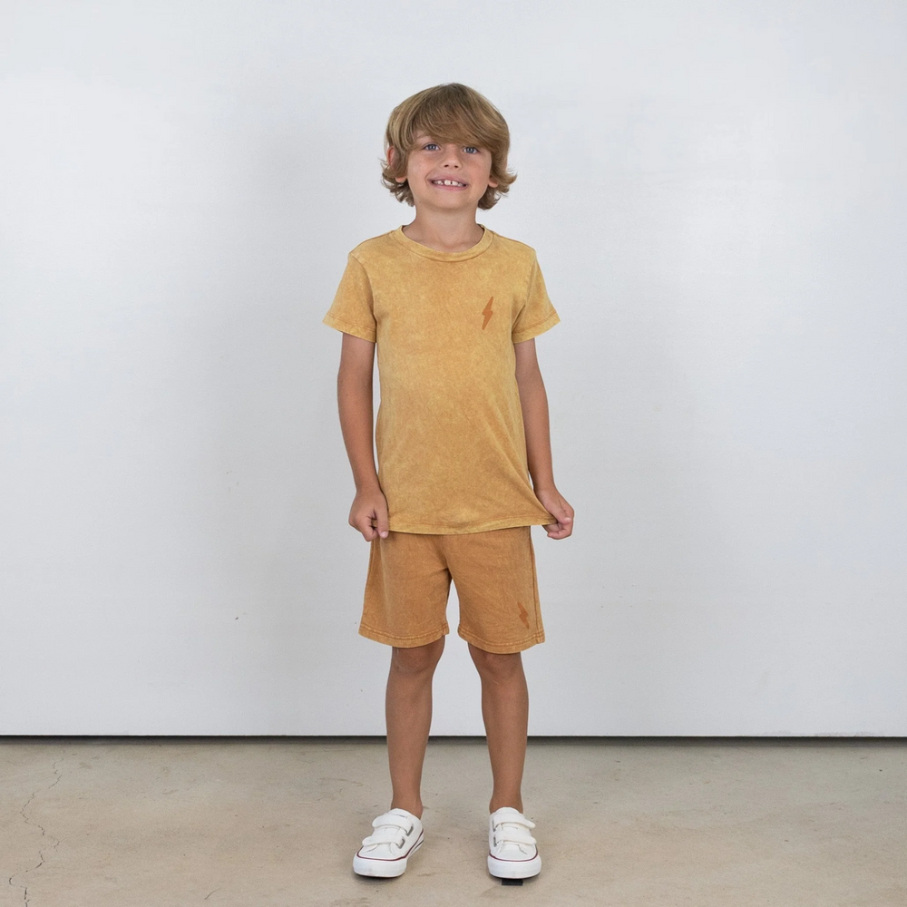 a little boy wearing Sequoia Tee in Mineral Rust
