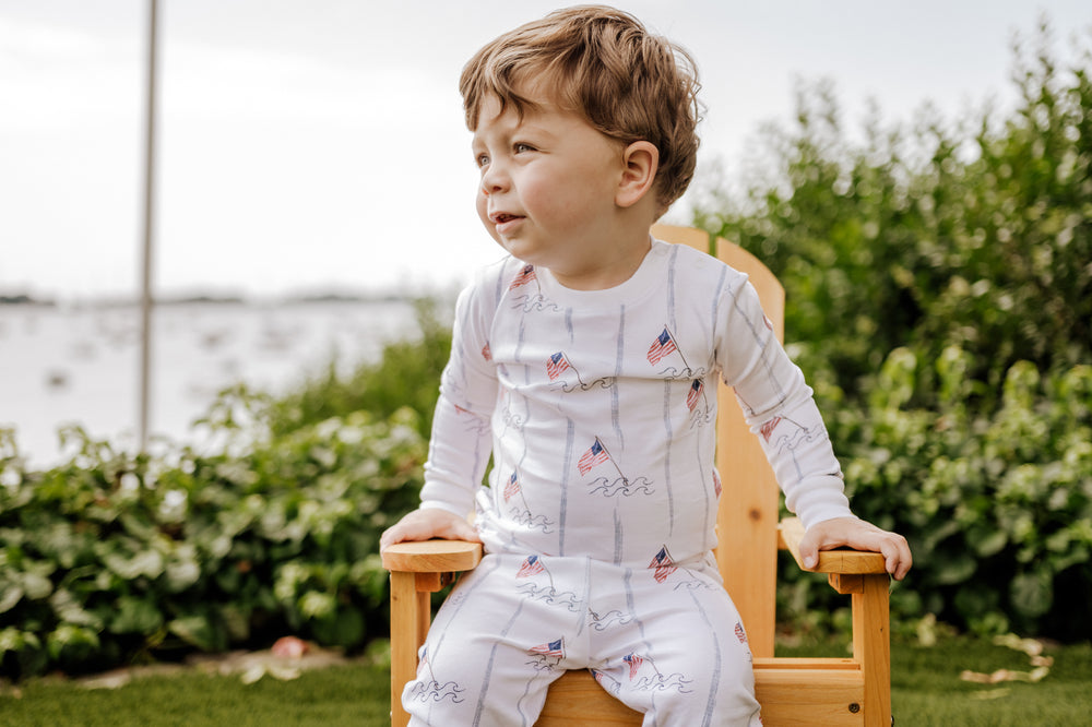 boy wearing flag pajamas