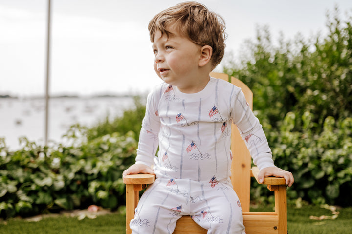 boy wearing flag pajamas