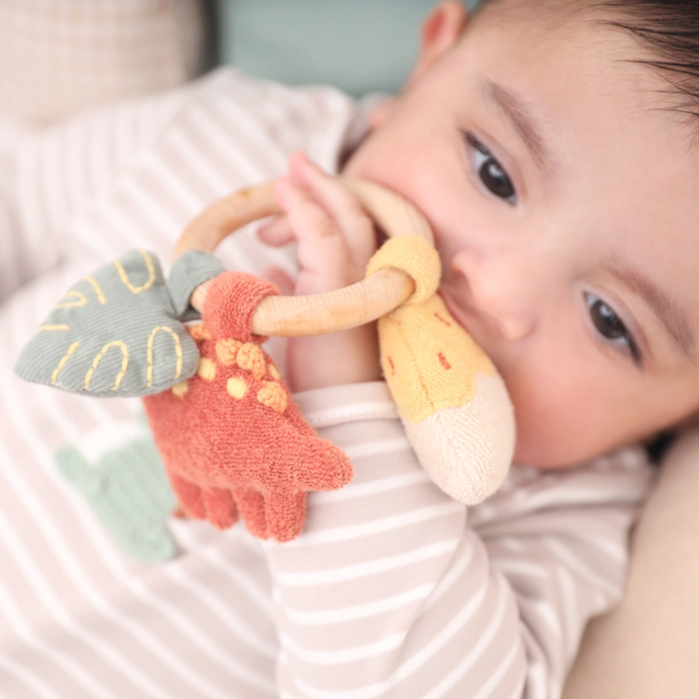 a baby playing with Dino Activity Ring Rattle