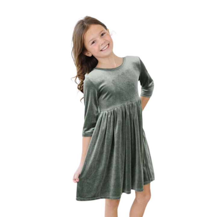 Sage Velvet Twirl Dress front