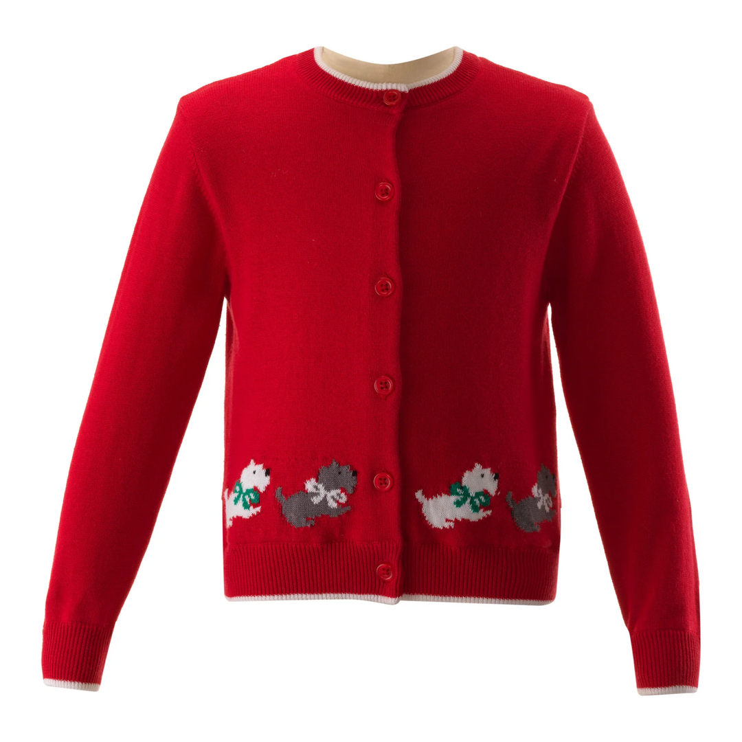 Scottie Dog Intarsia Cardigan in Red front