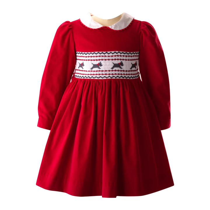 Scottie Dog Smocked Dress in Red front