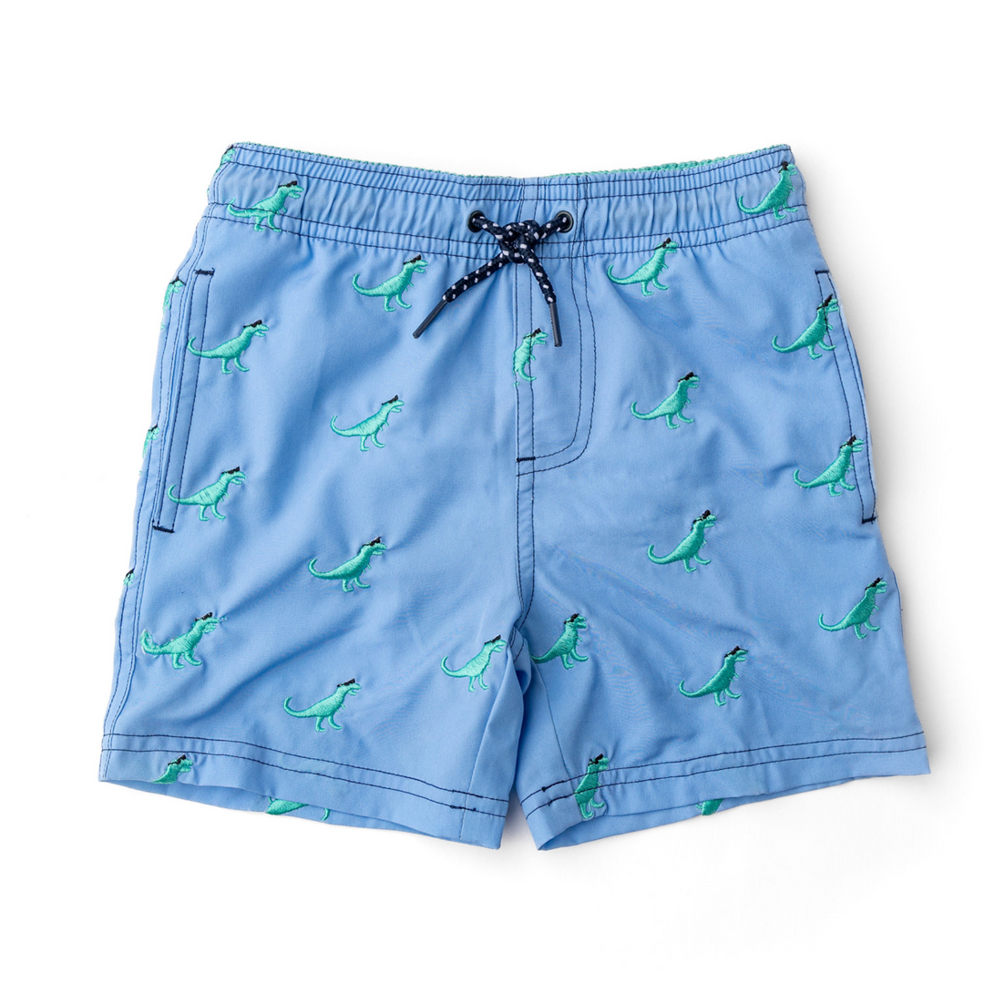 Embroidered Trunks in Blue Dino front