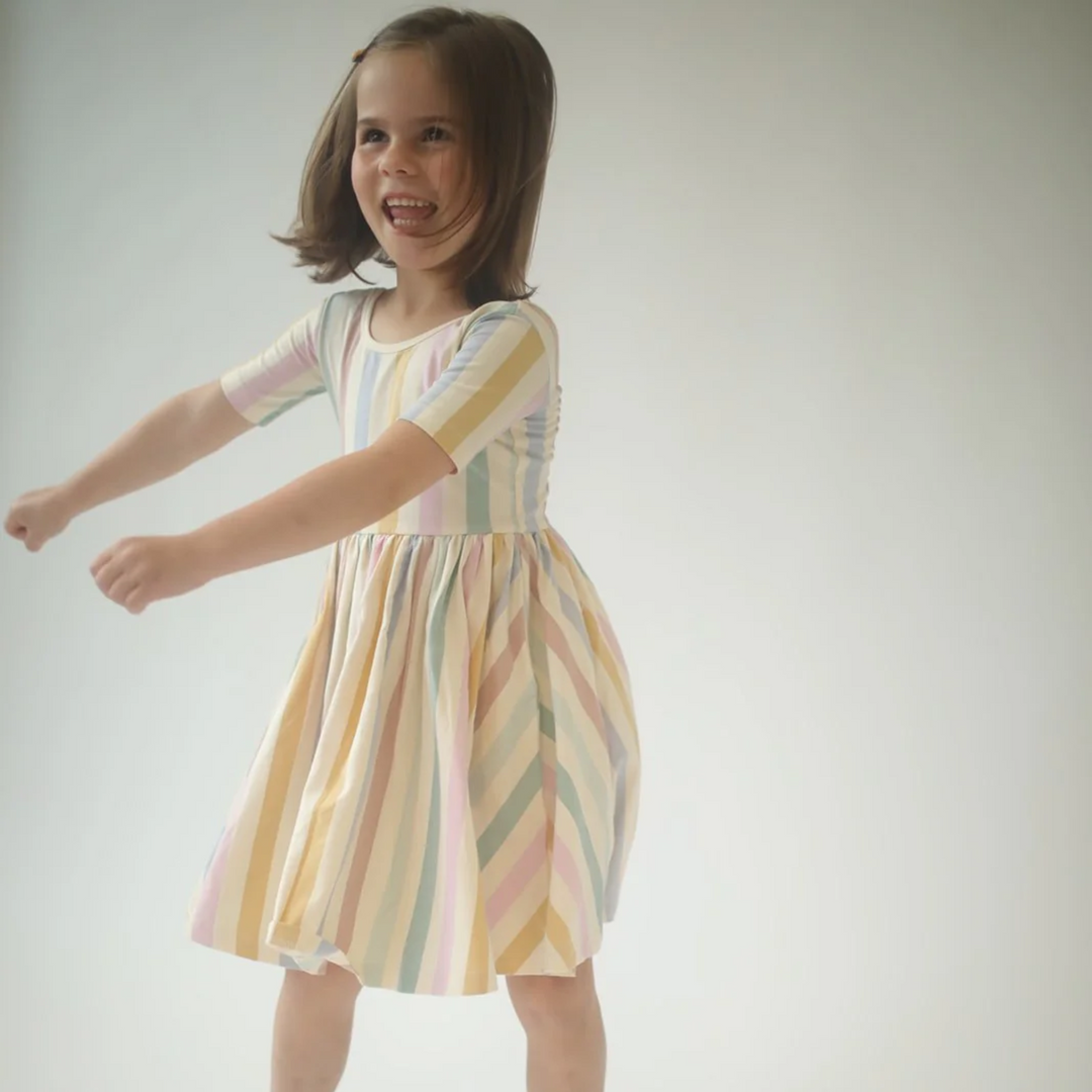 Short Sleeve Twirl Dress in Pastel Stripes