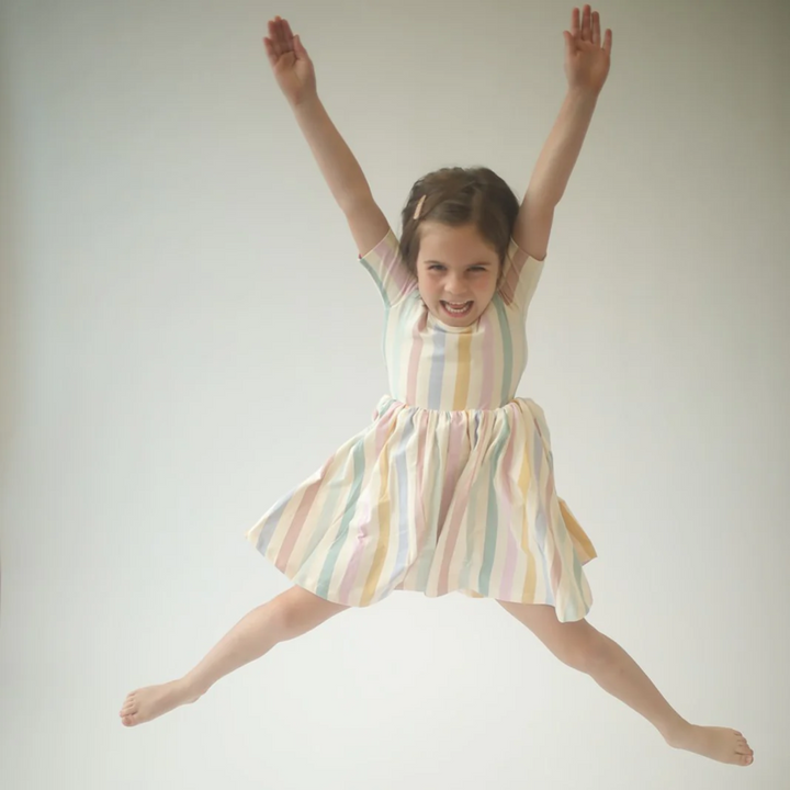 Short Sleeve Twirl Dress in Pastel Stripes front