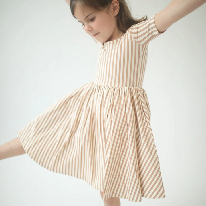 Short Sleeve Twirl Dress in Toffee Stripes front