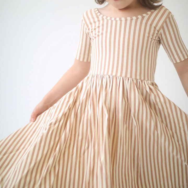 Short Sleeve Twirl Dress in Toffee Stripes detail