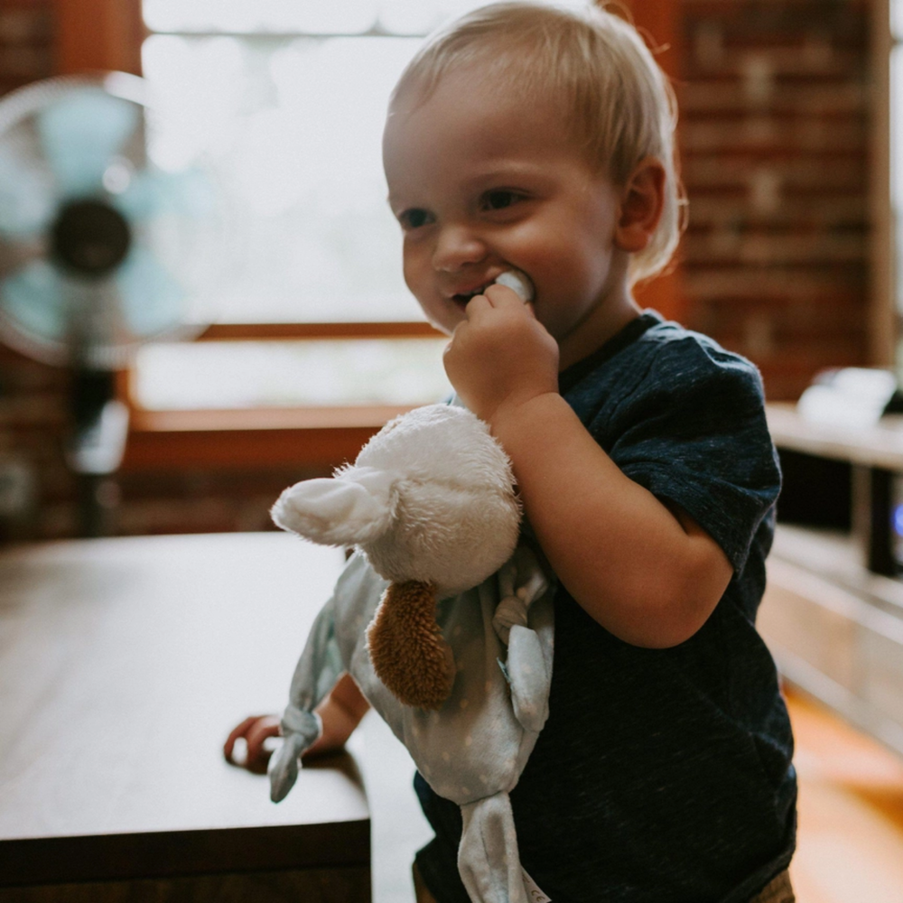 a baby with Skipit Puppy Knotty Friend