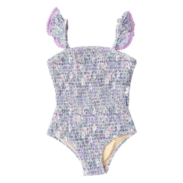 Smocked One Piece in Purple Flower Power front