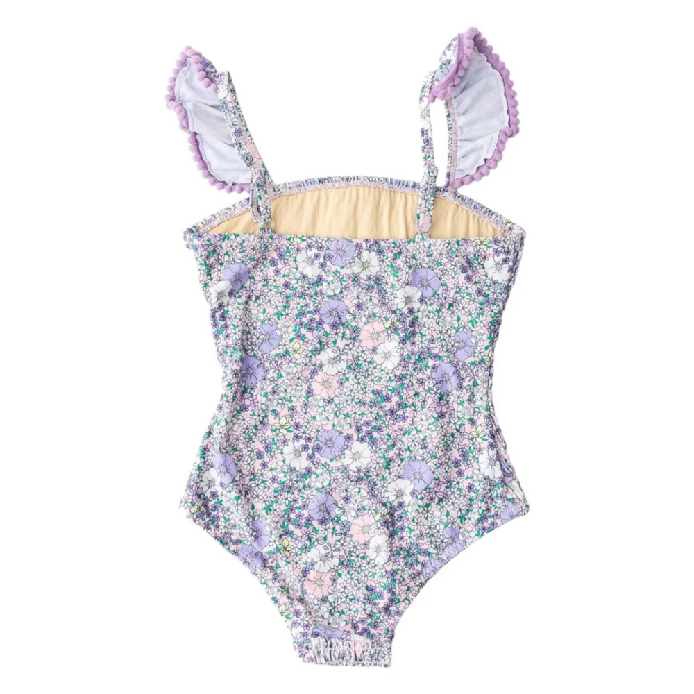 Smocked One Piece in Purple Flower Power back